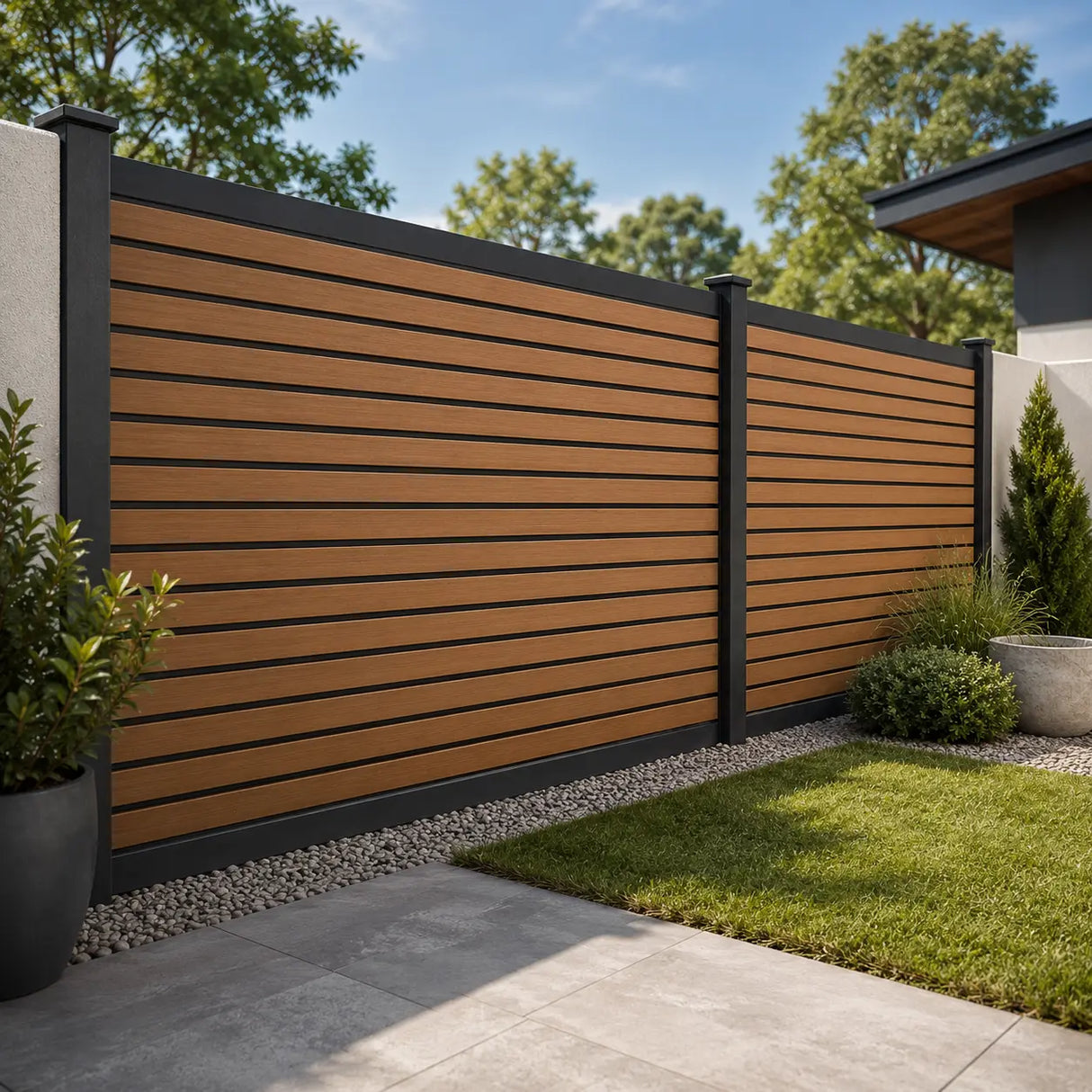 A modern wooden slat fence installed in a landscaped backyard with a paved patio, grass, shrubs, and trees under a blue sky.