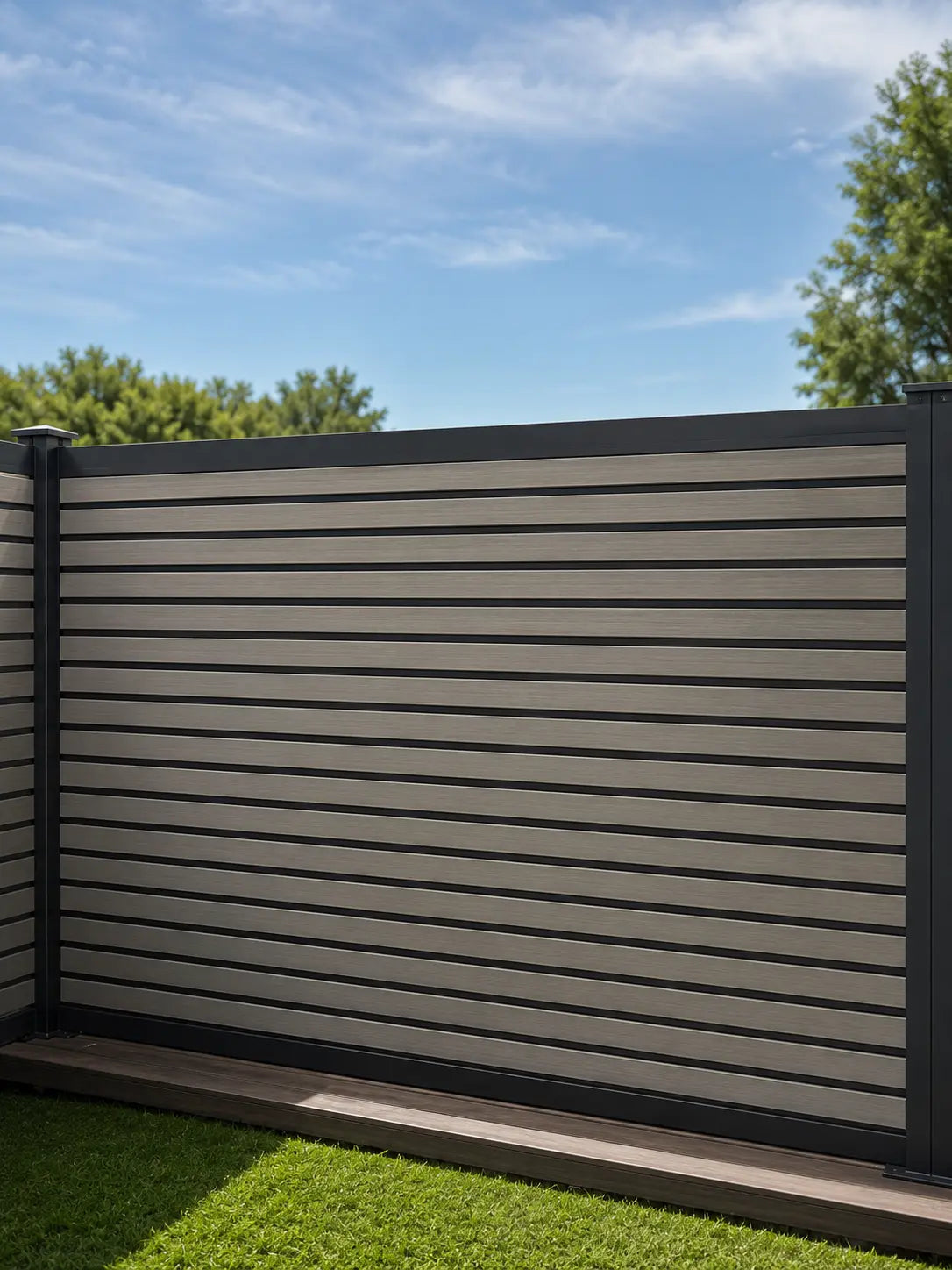 A modern horizontal slat fence panel in a backyard setting with green grass, a wooden deck base, and a blue sky with trees in the background.