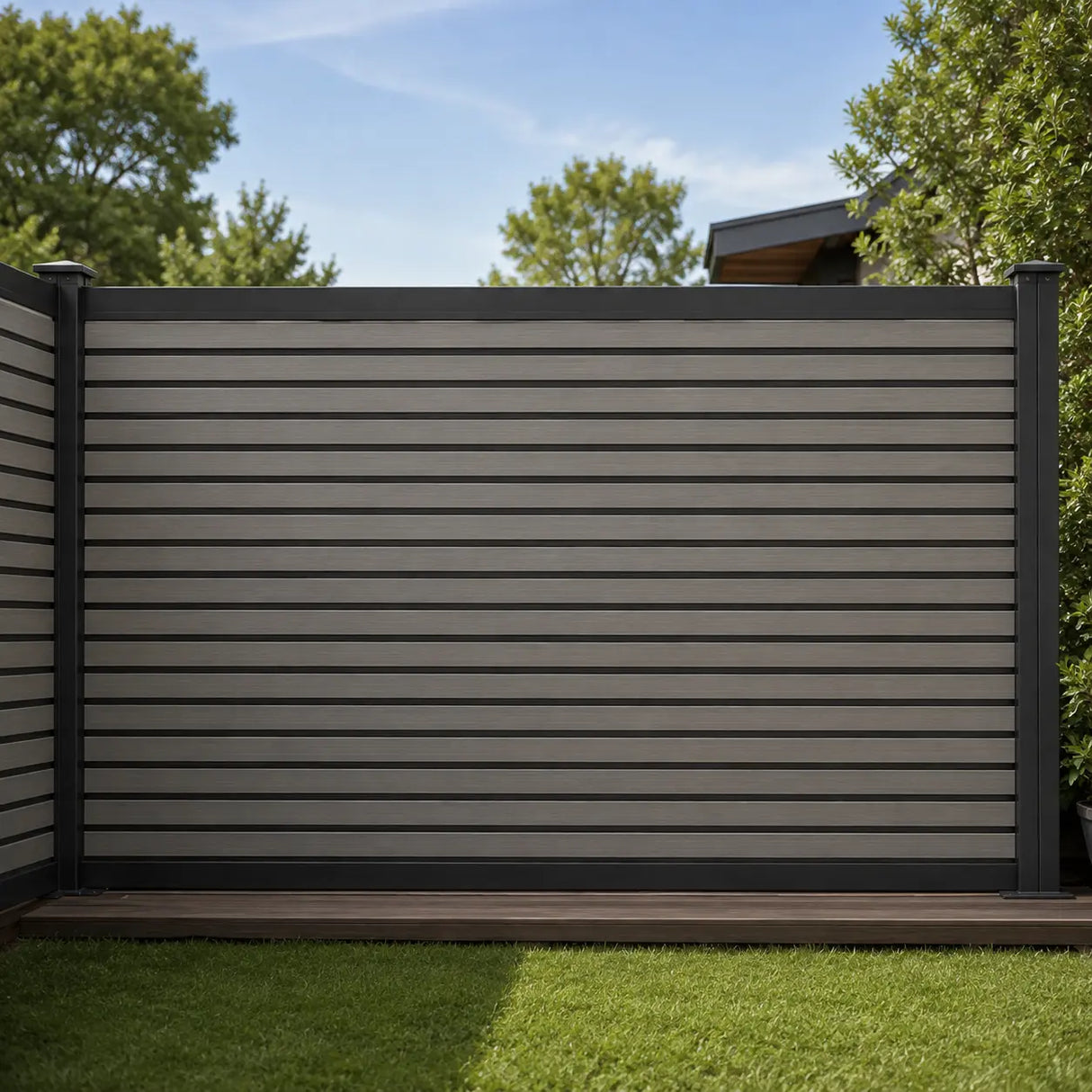 A modern horizontal slat fence installed in a backyard, featuring light gray panels with dark gray posts and trim, set against a background of green trees and blue sky.