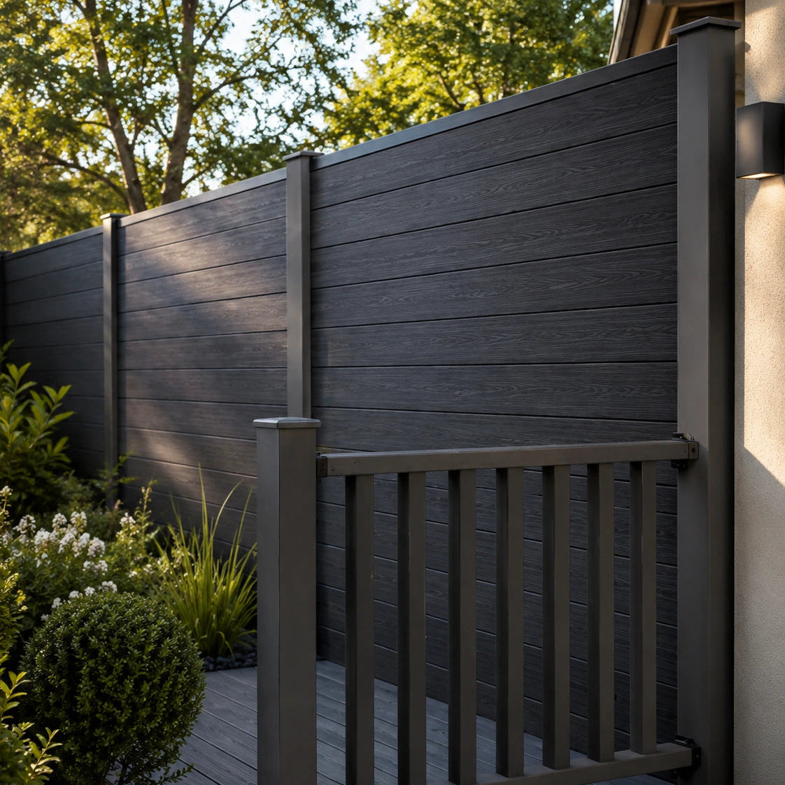 Dark charcoal composite fencing with a matching gate and railing, installed on a backyard patio with green shrubs and trees in the background.