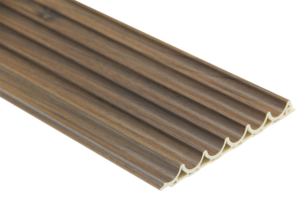 Fluted Curve interior wall panel with wood effect in walnut finish