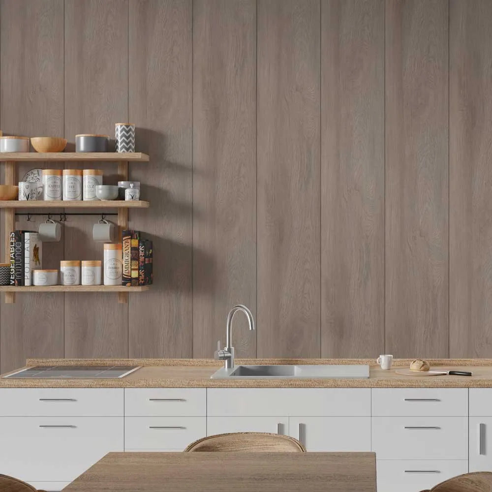 A modern kitchen scene with white cabinets, a light wood countertop, a stainless steel sink and faucet, open wooden shelves with jars and books, and a wood-look wall paneling.