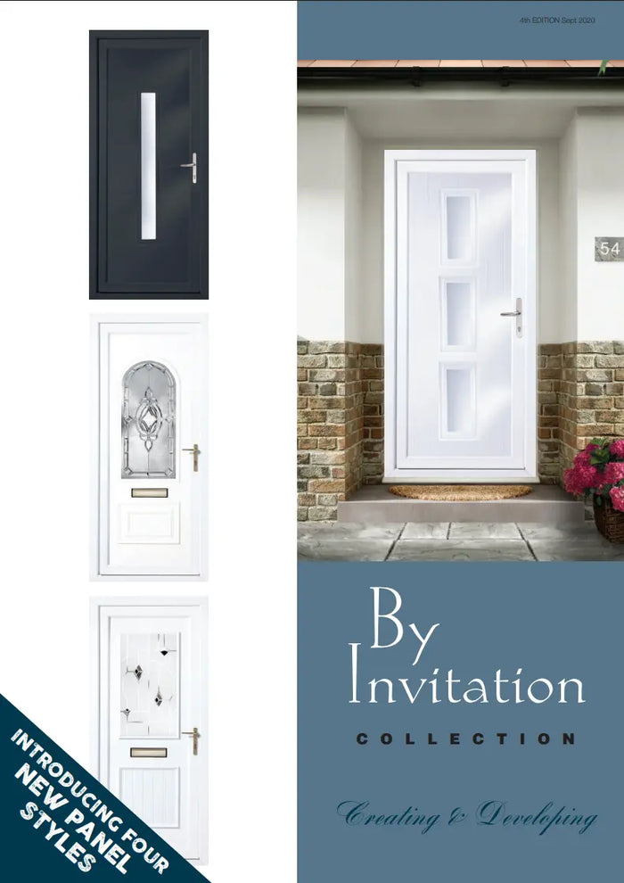 Advertisement for By Invitation door collection with various door designs and a home entrance.