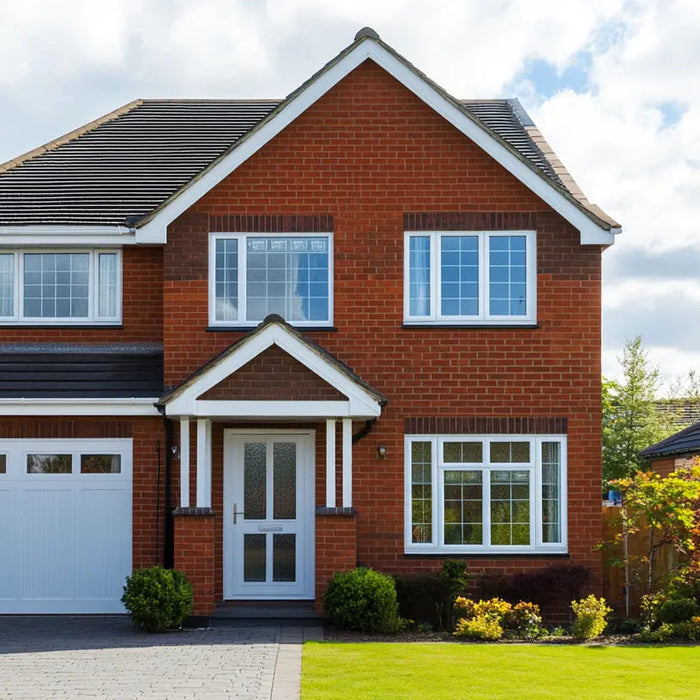 Brick house with white garage door and windows on a clear day