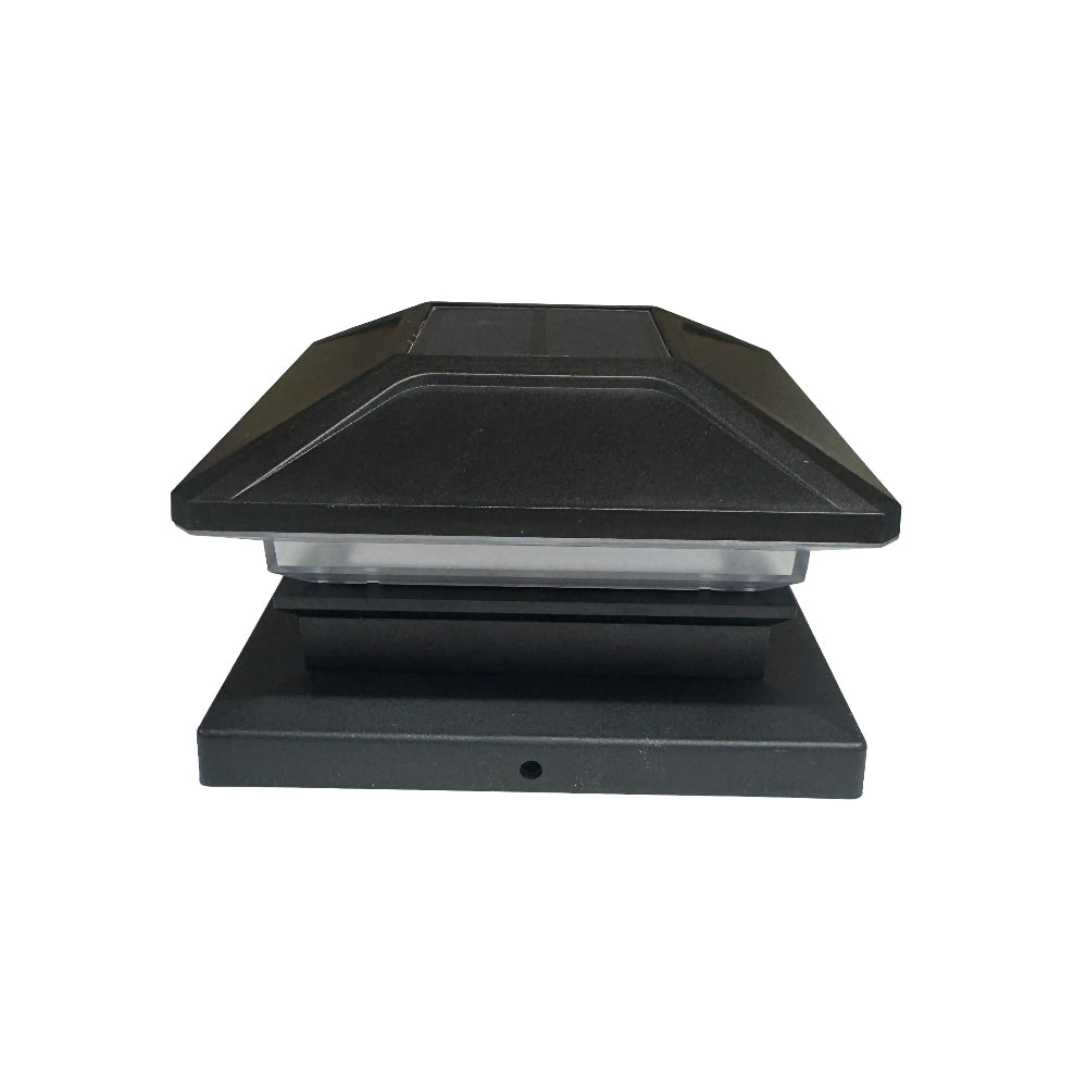 A black square solar light cap with a tiered roof design and a rectangular base, shown against a plain white background.