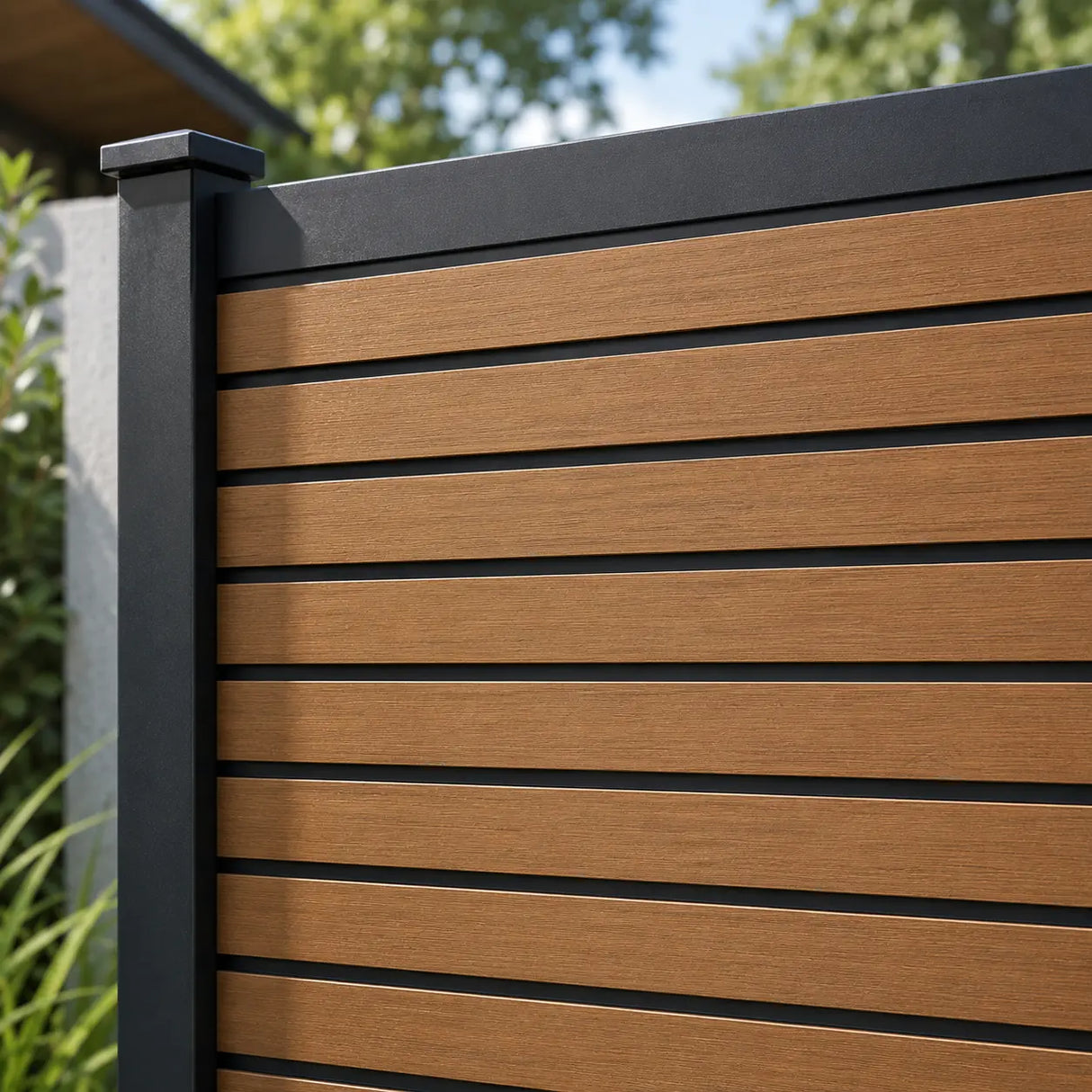 Close-up of a modern slatted fence panel with warm brown horizontal boards and a matte black top rail and post cap, shown outdoors with blurred greenery in the background.
