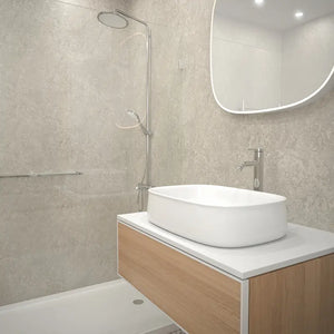 Modern bathroom vanity with a white rectangular vessel sink, chrome faucet, wood-look cabinet front, and white countertop in a tiled bathroom setting.