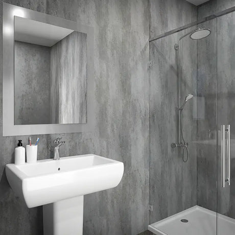 A modern bathroom featuring a white pedestal sink with a chrome faucet, a large rectangular wall mirror with a slim frame, and a glass shower enclosure with a silver shower head and hand shower.