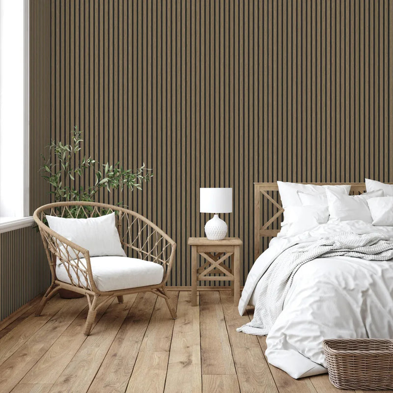 Nursery room with wooden crib, white bedding, and walnut premium slat wall panels.