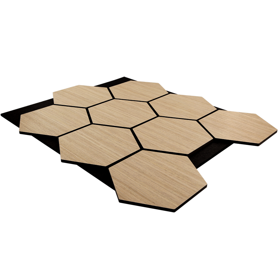 Hexagonal wooden tiles with black borders on a white background