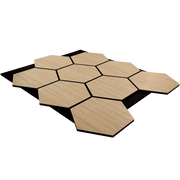 Hexagonal wooden tiles with black borders on a white background