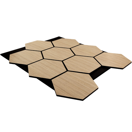 Hexagonal wooden tiles with black borders on a white background