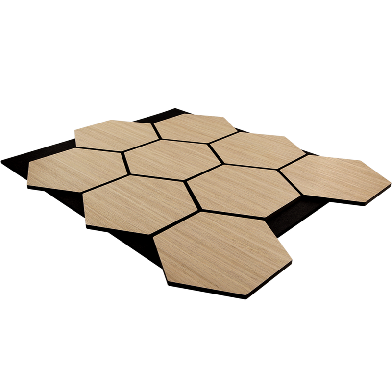 Hexagonal wooden tiles with black borders on a white background