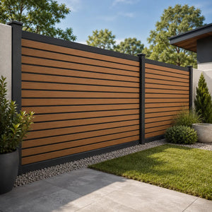 A modern wooden slat fence installed in a landscaped backyard with a paved patio, grass, shrubs, and trees under a blue sky.