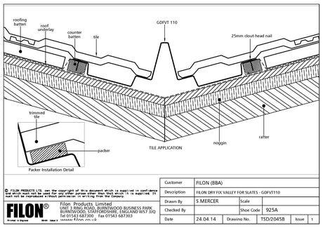 Technical specification sheet and cross-section diagram for FILON GDRYT 110 tile application, showing layer details, installation detail inset, and customer information block.