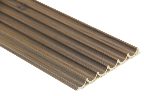 Fluted Curve interior wall panel with wood effect in walnut finish