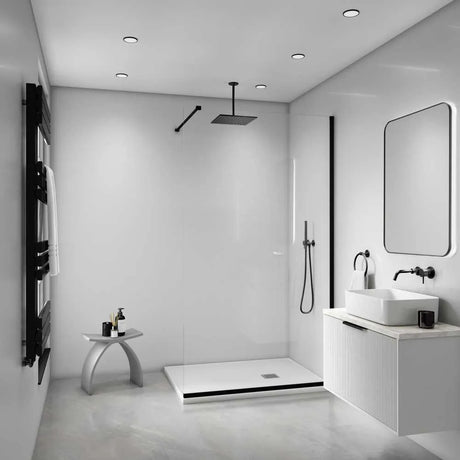 Modern bathroom with shower, sink, and mirror