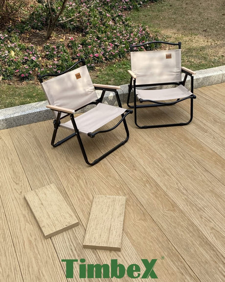 Honey Maple TimbeX decking with outdoor seating and matching decking samples