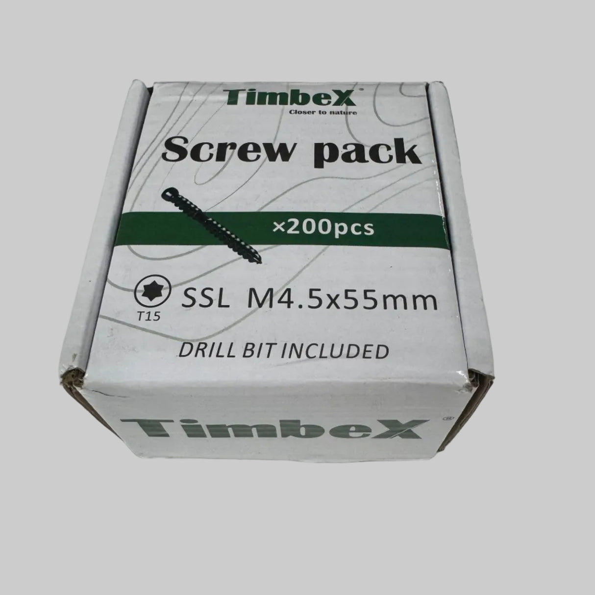 A white cardboard box of Timbex Screw pack, size SSL M4.5x55mm, containing 200 pieces, photographed on a white surface.