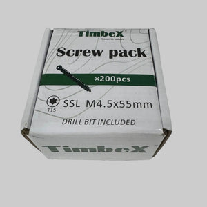 A white cardboard box of Timbex Screw pack, size SSL M4.5x55mm, containing 200 pieces, photographed on a white surface.