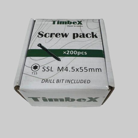 A white cardboard box of Timbex Screw pack, size SSL M4.5x55mm, containing 200 pieces, photographed on a white surface.