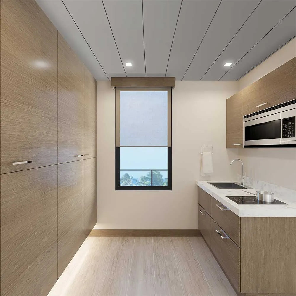 Modern kitchen with metalic grey  ceiling panels