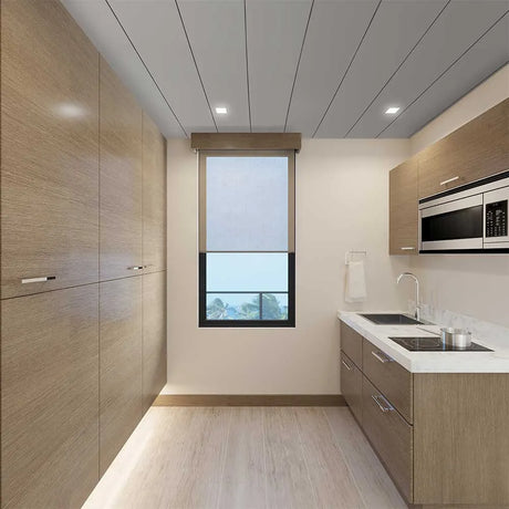 Modern kitchen with metalic grey  ceiling panels