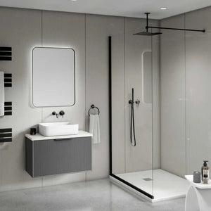 Modern bathroom interior featuring a floating gray vessel sink with a white basin, a large rounded rectangular mirror, a glass shower enclosure, and a white walk-in shower base.