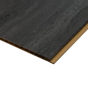 A close-up of a dark charcoal stone-look tile or panel with a textured surface and a tan underside, shown on a plain white background.