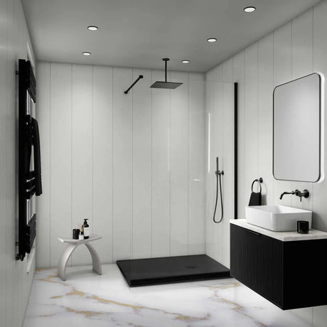 Modern bathroom with black and white fixtures, including a shower and sink.