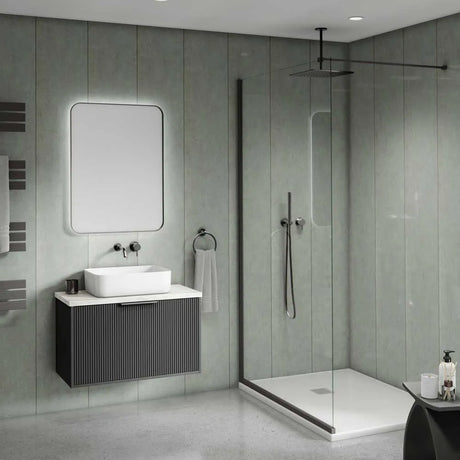 Modern bathroom interior featuring a floating dark gray vanity with a white vessel sink, a large rectangular mirror, and a glass-enclosed shower area with a white walk-in shower base.