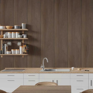 A modern kitchen interior with a dark brown wood-paneled wall, white lower cabinets, a light wood countertop, a built-in sink, and open wooden shelves holding jars and dishes.
