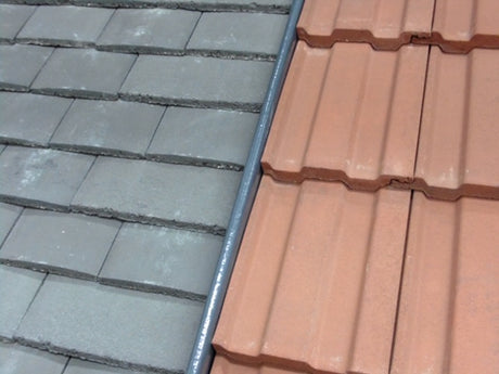 Showing the dry bonding gutter with a comparison of gray and terracotta roof tiles.