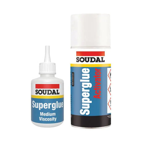 Soudal Superglue and Activator bottles on a white background