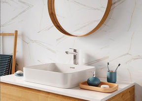 Vilo solid tile panel in Calacatta white marble-effect finish