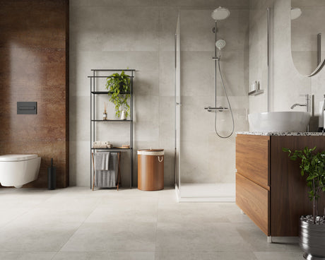 Vilo SPC wall panels in Concrete Dust finish, large tile concrete-effect panels