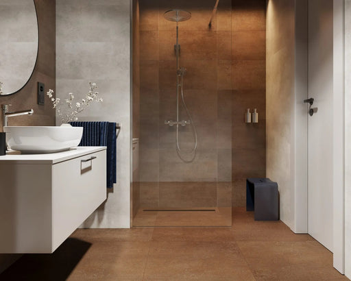 Modern bathroom with shower area and sink vanity showing Rusty SPC panels.