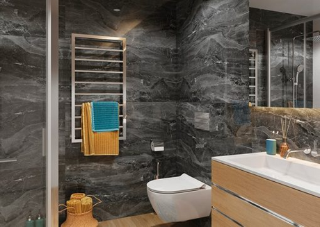 Vilo tile wall panel in dark stone-effect finish
