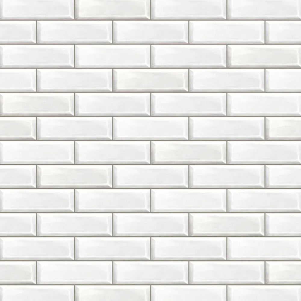 White subway tile pattern with rectangular glossy tiles and thin grout lines.
