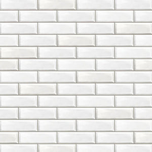 White subway tile pattern with rectangular glossy tiles and thin grout lines.