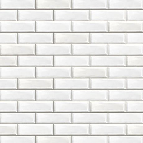 White subway tile pattern with rectangular glossy tiles and thin grout lines.
