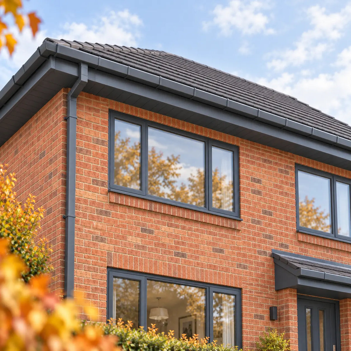 Modern brick house exterior with dark gray window frames, black roof tiles, and a blue sky with clouds reflected in the windows.