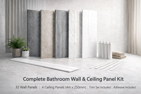 Bathroom wall and ceiling panel kit with samples on a white background