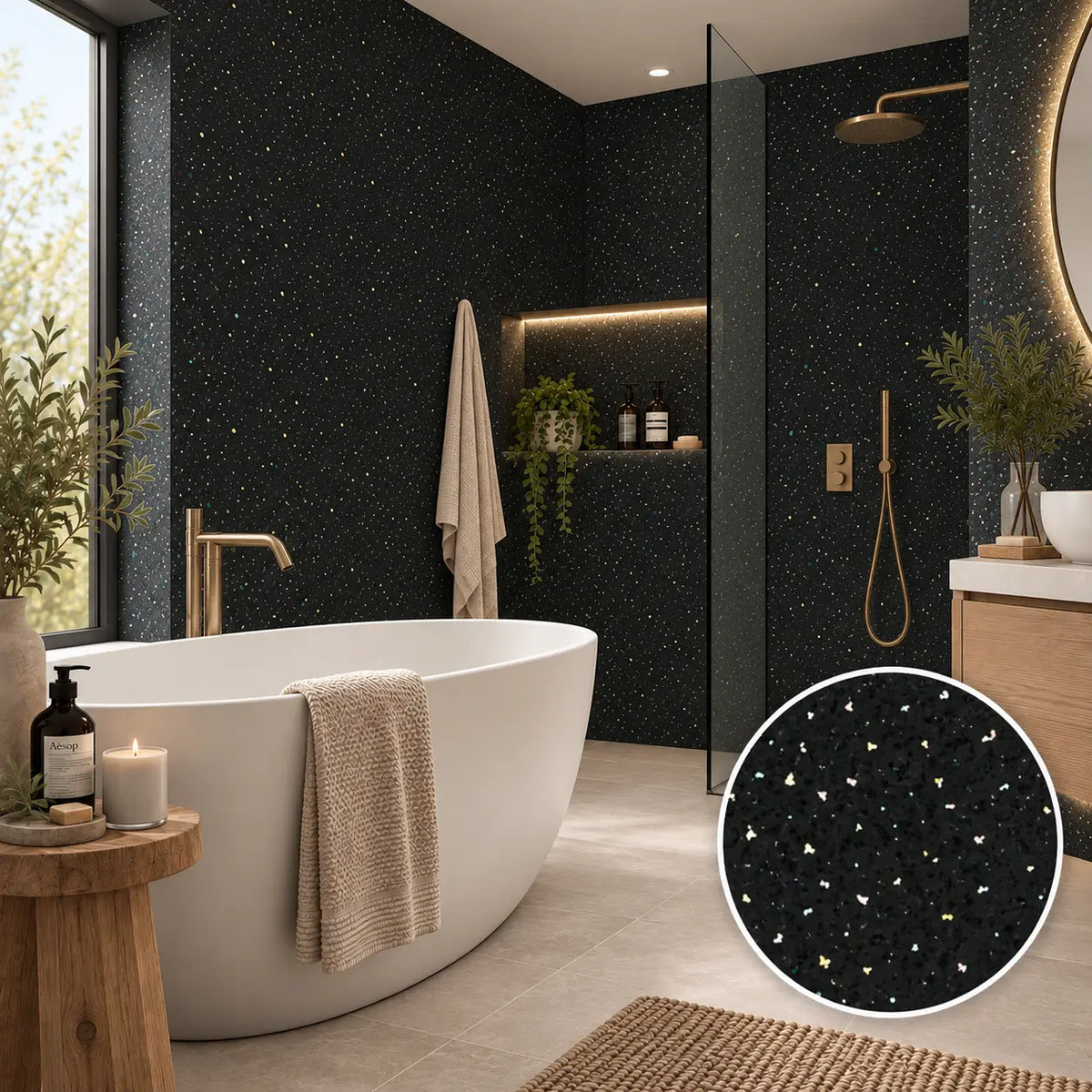 Modern bathroom interior with black speckled wall tiles, a freestanding white bathtub, glass shower enclosure, wood vanity, and a circular inset showing a close-up of the black tile texture with small gold and white flecks.