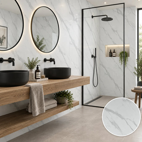 Modern bathroom interior with a walk-in shower, double black vessel sinks on a wooden floating vanity, round backlit mirrors, and a circular inset showing a white marble-look tile pattern.