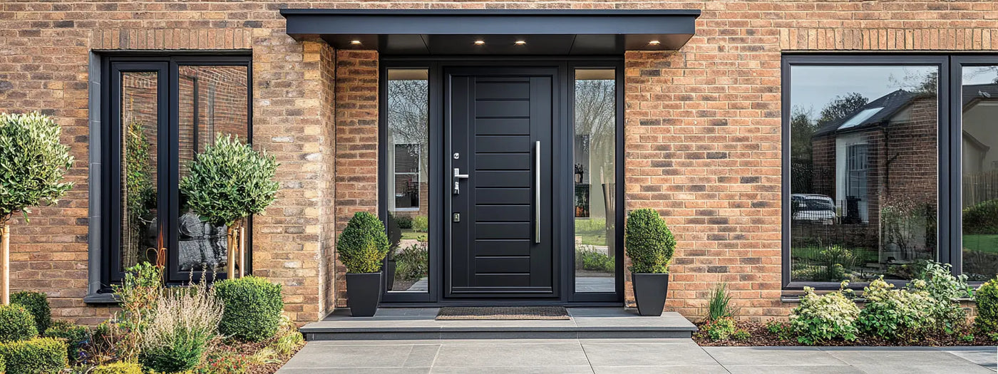 Composite door fitted in a dark grey. Used as a hero image