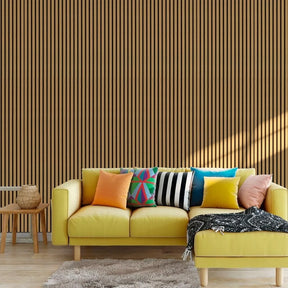 Yellow sofa against a slatted contemporary oak wall