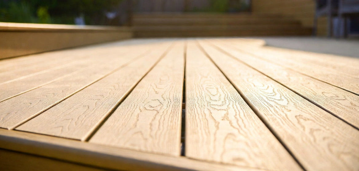 Wooden deck with a blurred garden background