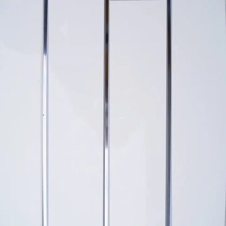 A close-up of a white panel door with two vertical metallic chrome or silver-colored frames running down the center.