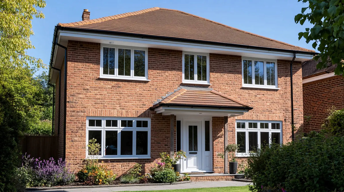 Brick house with white windows and door, surrounded by greenery